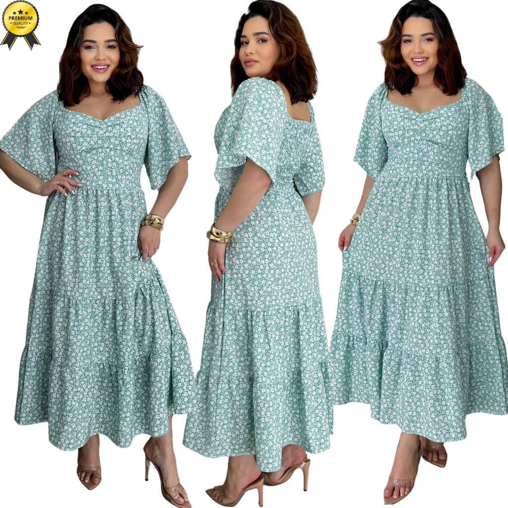 Vestido Longo Plus Size Feminino com Bojo, Manga Fit Flare e Lastex nas Costas