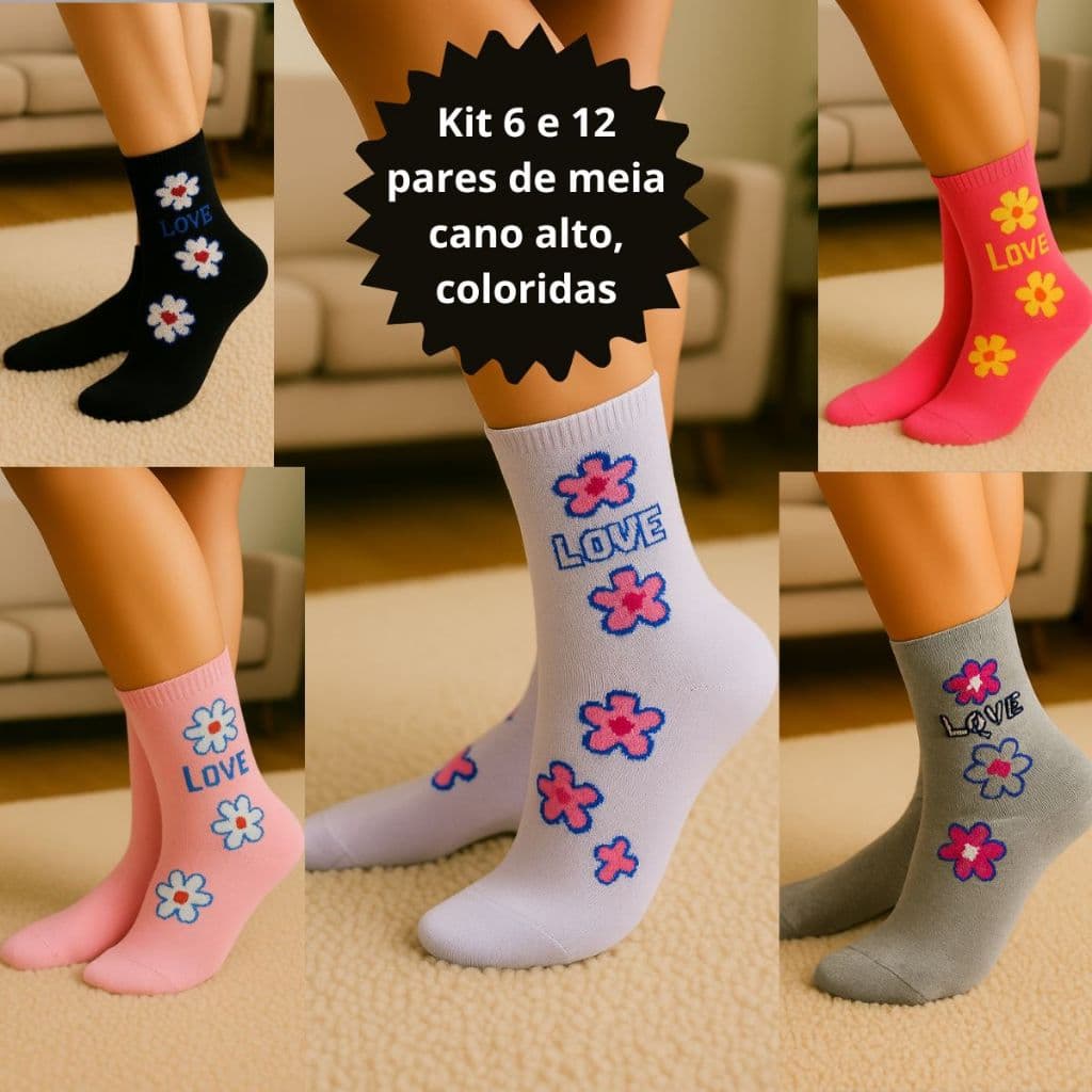 Kit Meias Femininas Divertidas Coloridas Cano Alto Econômico 35-40
