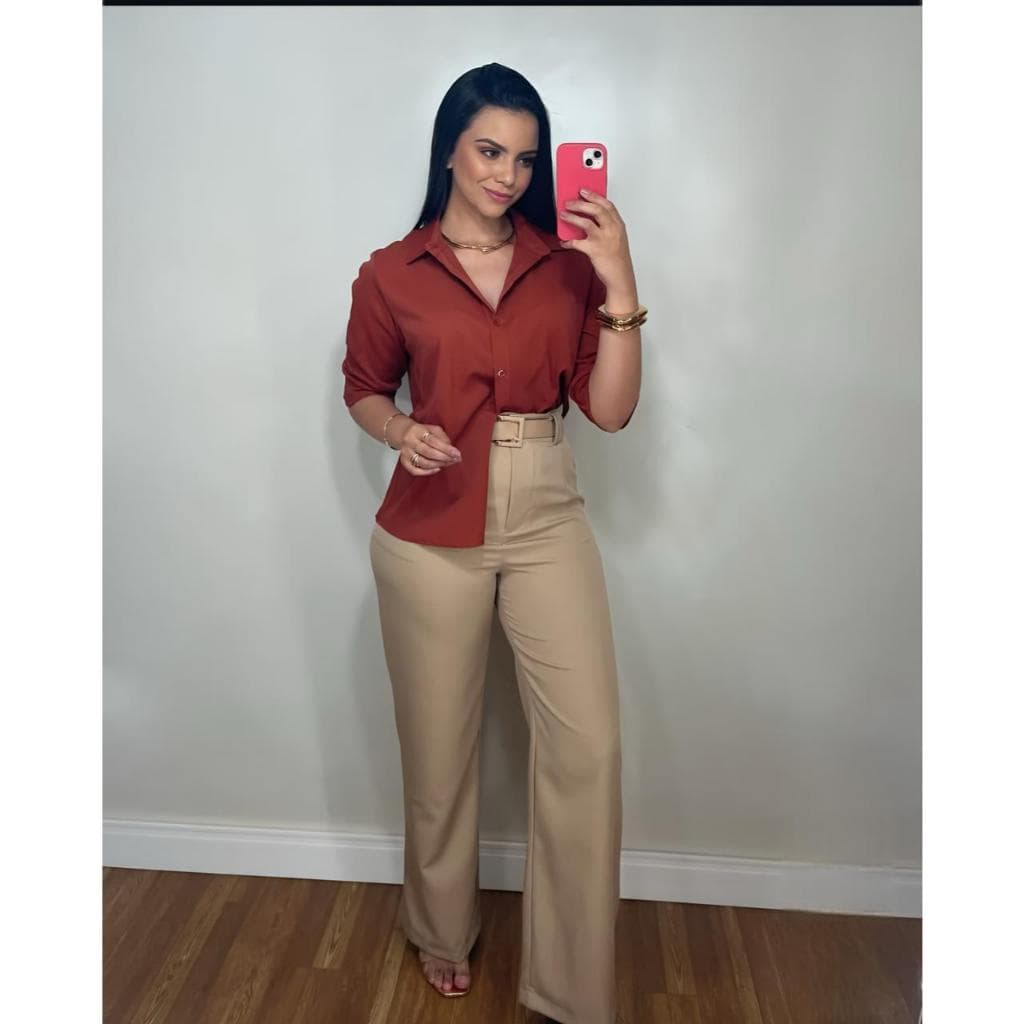 Camisa Feminina Blusa Social Camisete Manga Longa Lisa Casual em Viscolinho Premium com Botão