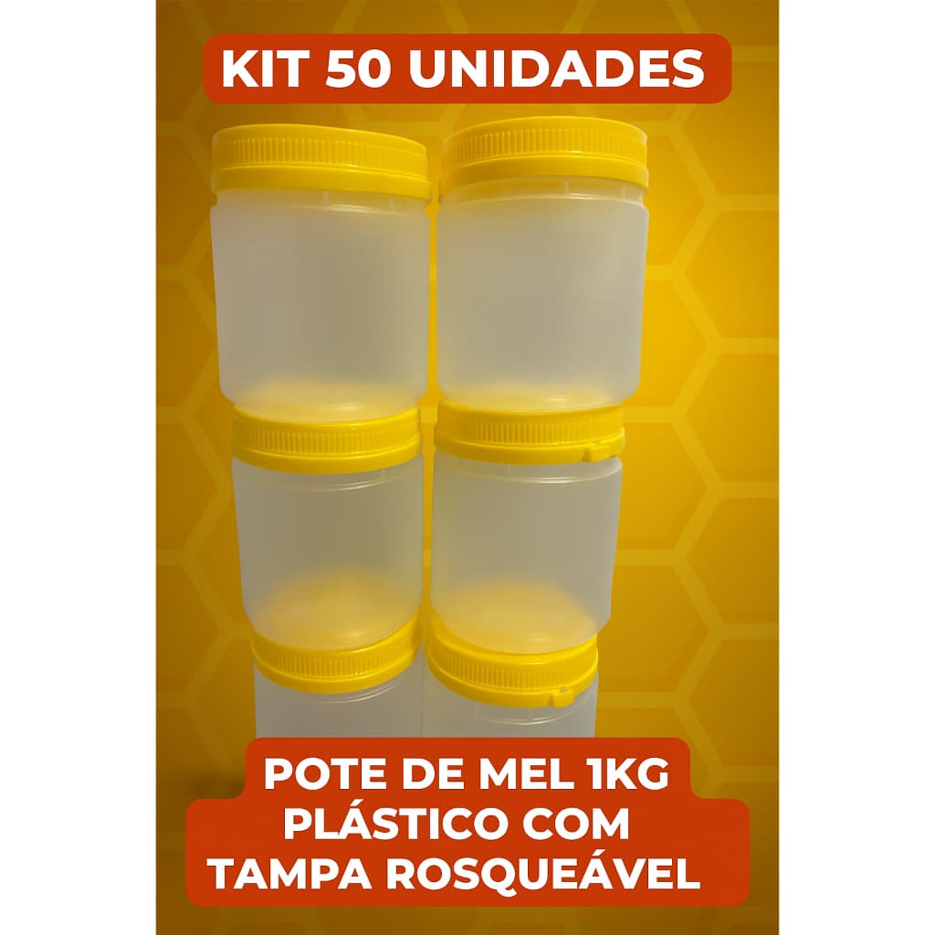 50unidade Pote Plástico 1kg Com Tampa – Ideal Para Mel, Melado, Doces, Reutilizável