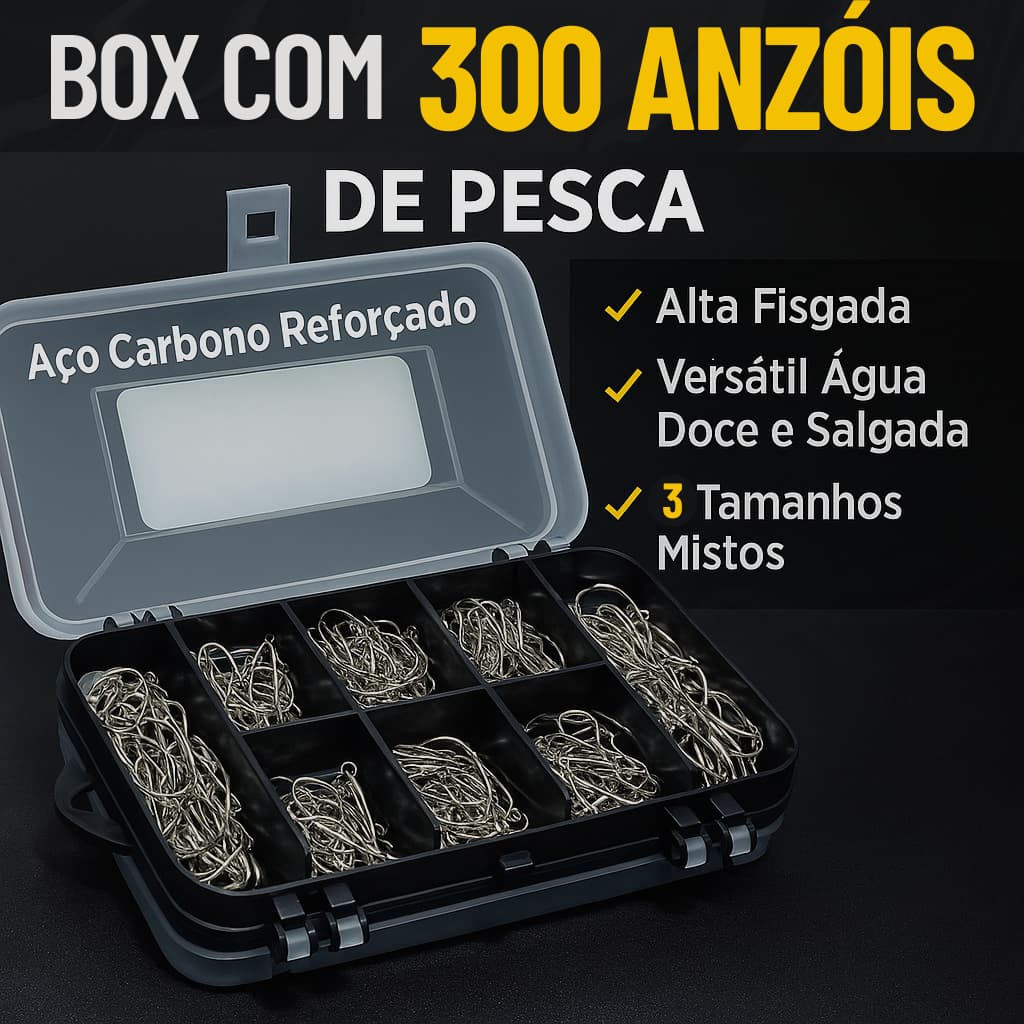 Kit De Pesca 300 Anzóis Vários Tamanhos Com Estojo De Armazenamento Pescaria Esportiva Conjunto Aço