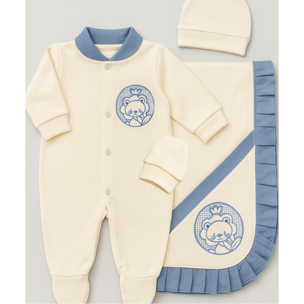 Saída de Maternidade Menino Safari – Enxoval 4 Peças para Bebê Menino com Manta