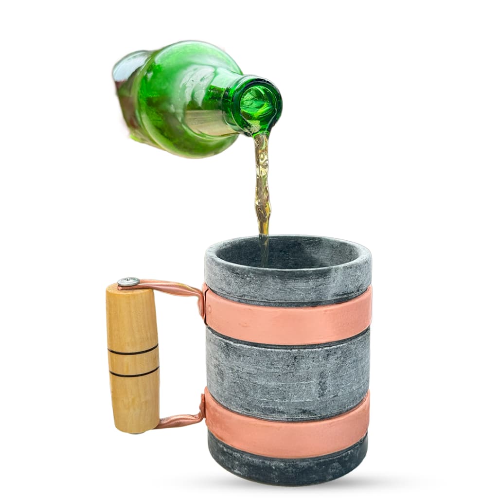 Caneca Pedra Sabão P/ Chopp Cerveja Com Alça De Cobre Cor Cinza Rustica Alça De Cobre