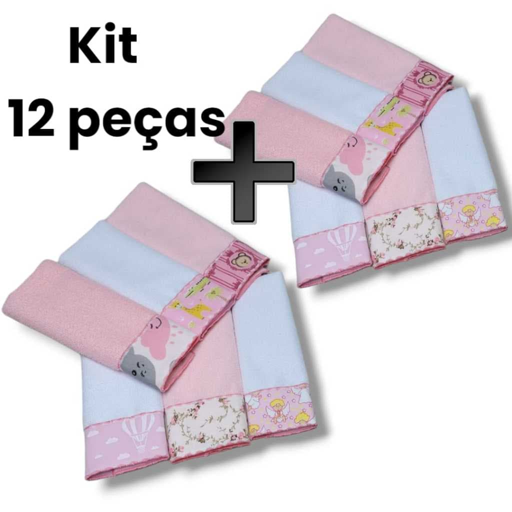 Kit Toalha Ombro e Boca Babete 12 Unidades Overlocado e Tecido Estampas Variadas Toalhas Coloridas Macia