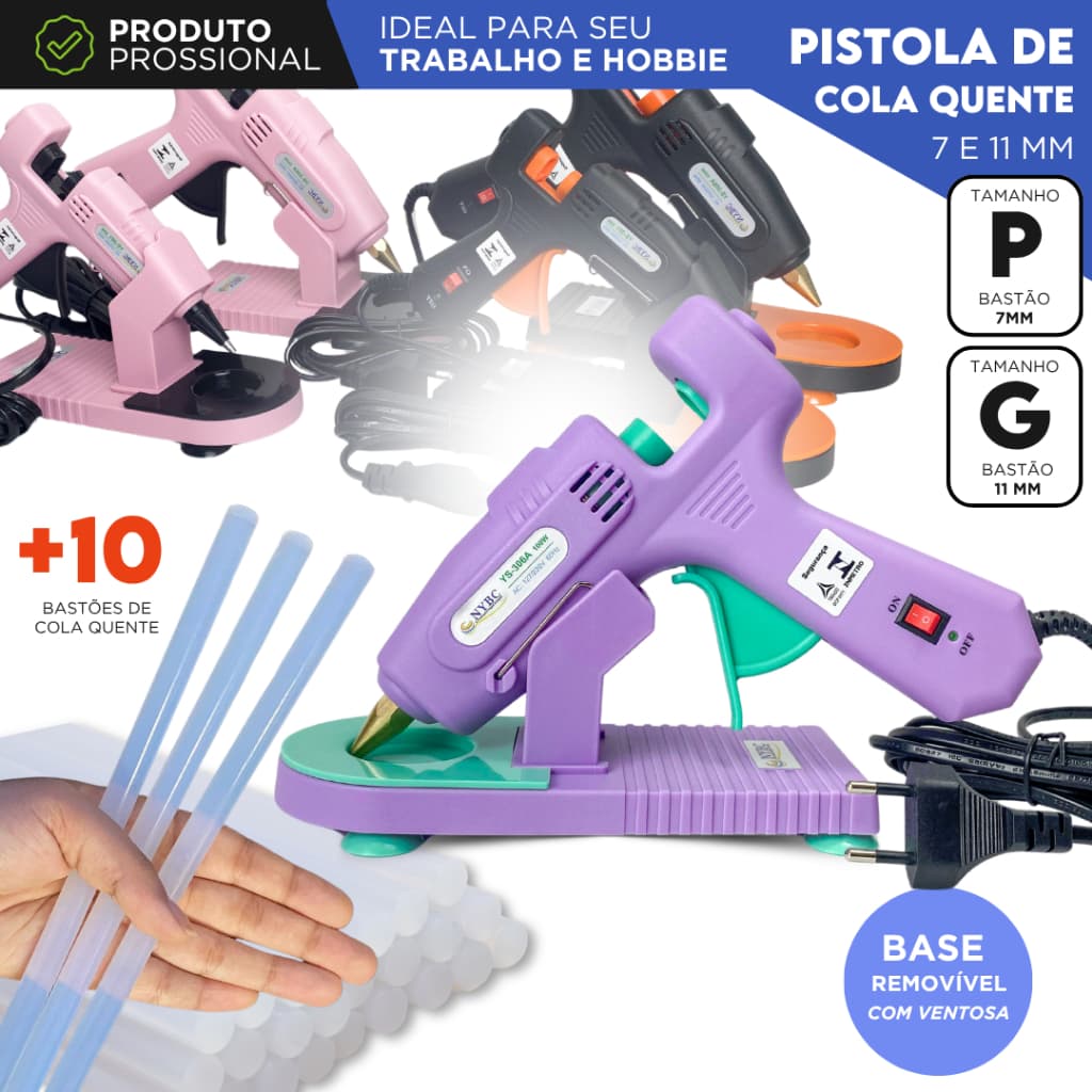 Pistola de Cola Quente Profissional C/10 Bastões de Cola Quente 7/11mm com Botão Liga/Desliga - AVIV