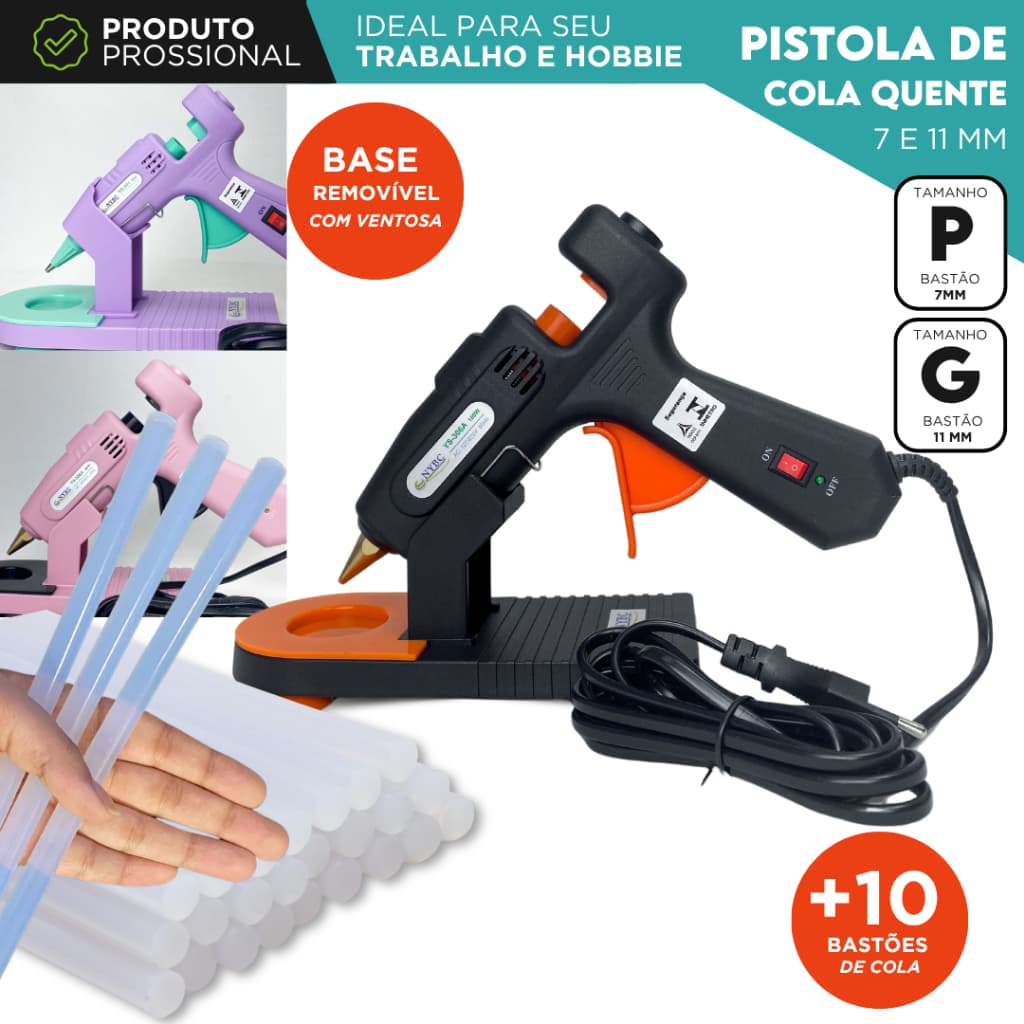 Pistola de Cola Quente Profissional C/10 Bastões de Cola Quente 7/11mm com Botão Liga/Desliga - BNVT