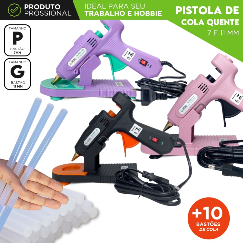 Pistola de Cola Quente Profissional C/10 Bastões de Cola Quente 7/11mm com Botão Liga/Desliga - MZ
