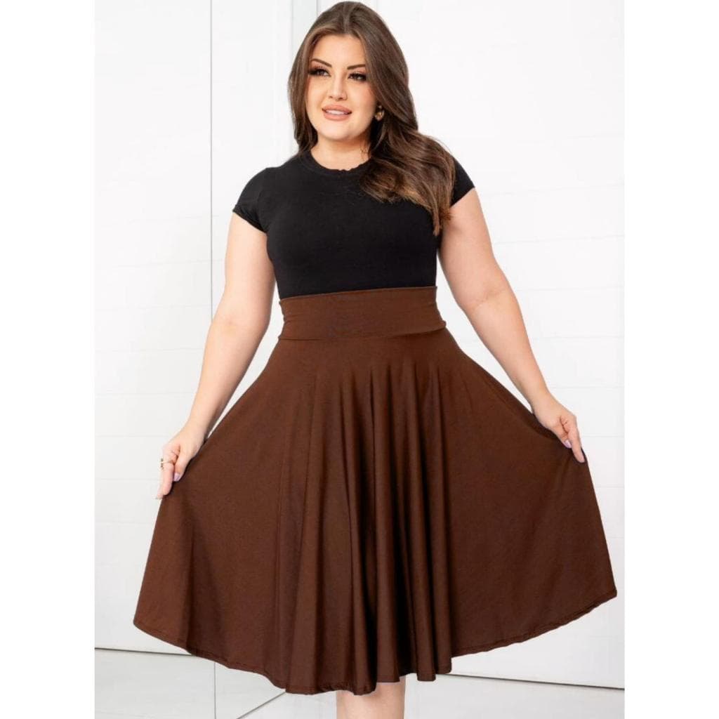 Saia Midi Godê Marrom Lisa Moda Feminina