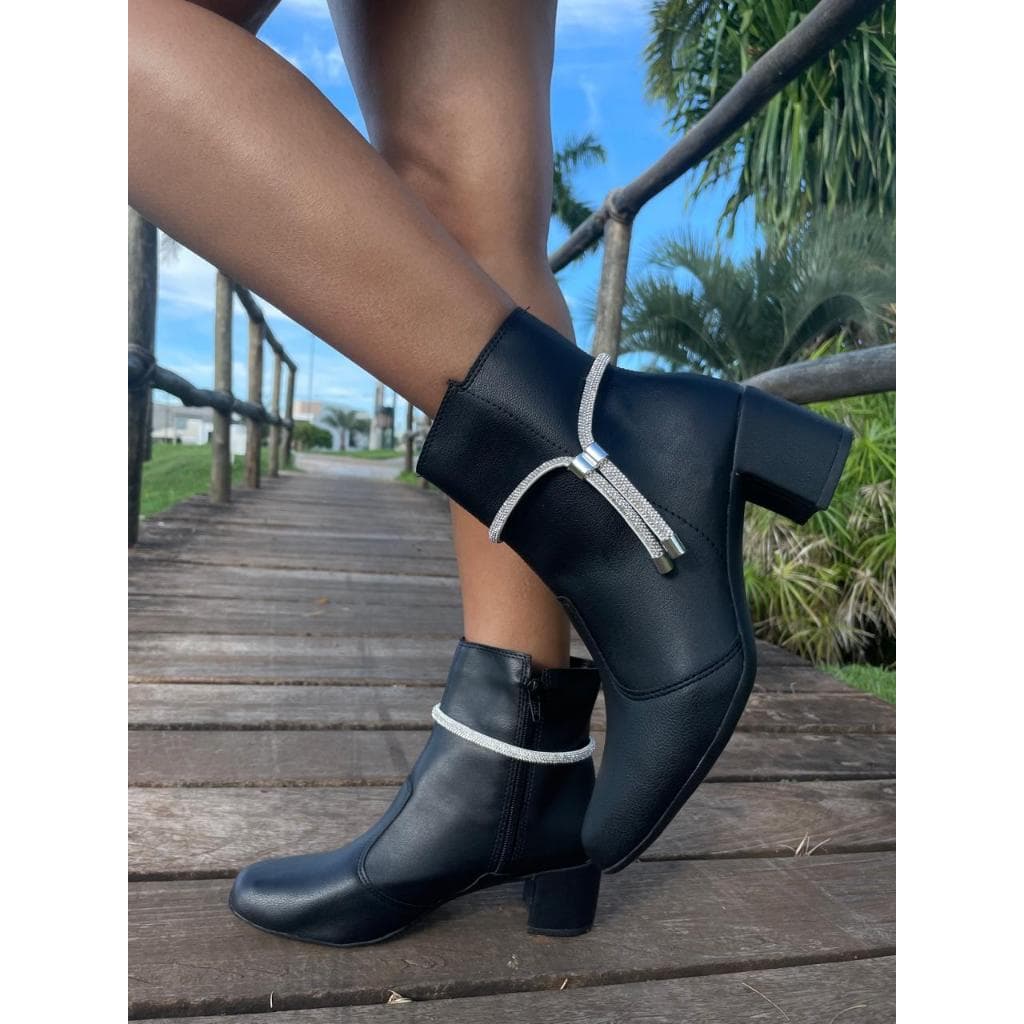 Coturno Feminino De Brilho Ramovível Confortável Salto Alto Grosso Bota Bico Quadrado Fashion Macia Zíper Blogueira
