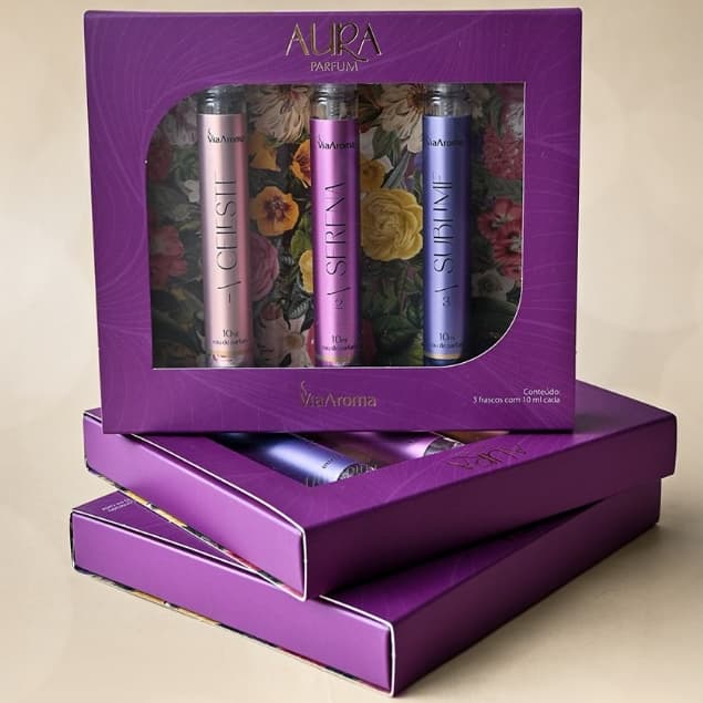 Aura Parfum Via Aroma - Perfume de bolso Caixa com 3 frascos de 10mL Ideal pra Presente Lembrancinha