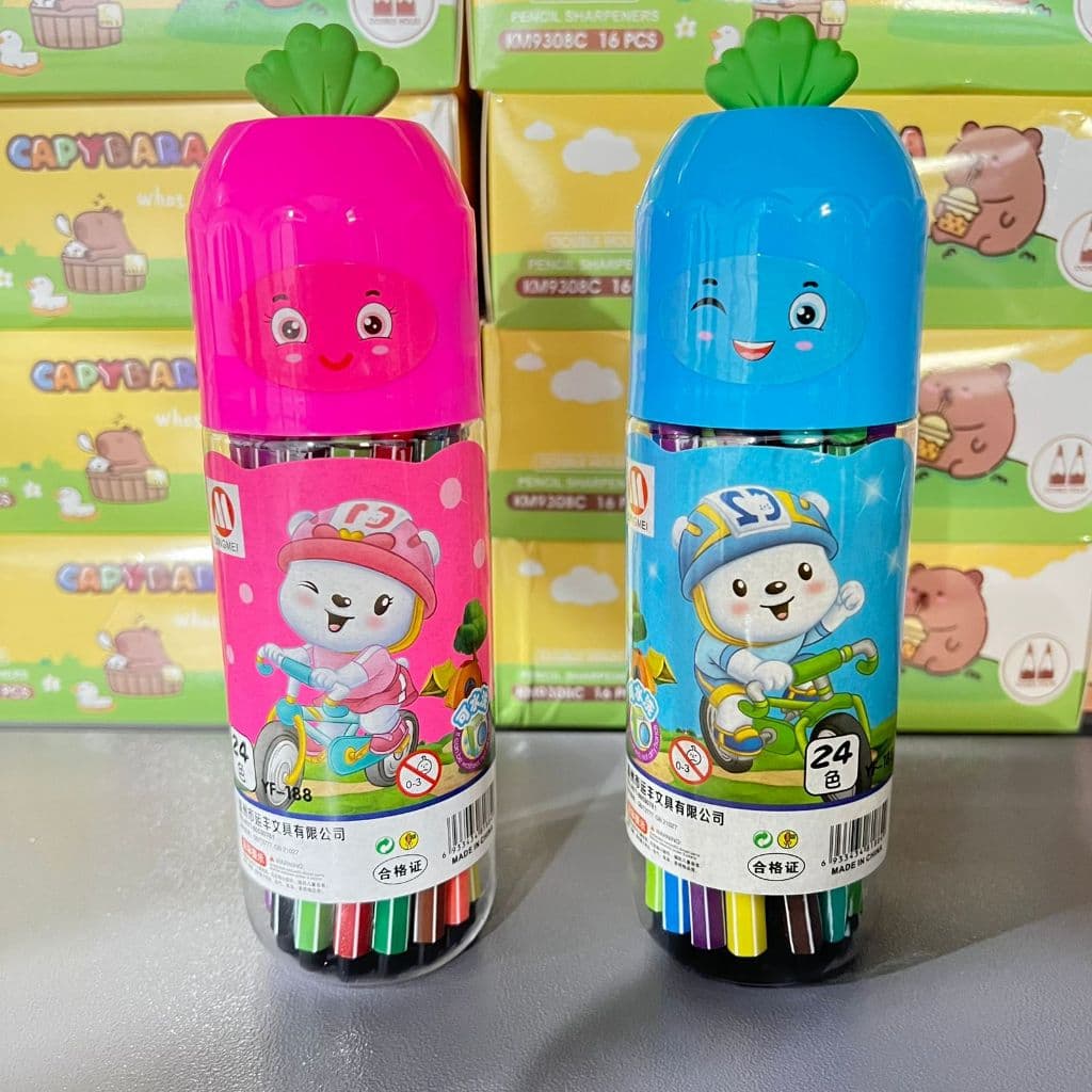 24 CORES Canetinhas com Estojo Fofo Canetinhas WaterColor para Colorir URSO BICICLETA Papelaria Fofa