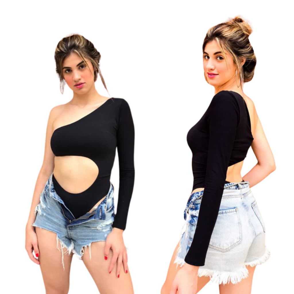 Body Feminino Manga Longa Collant Preto E Branco Cavado Nas Laterais Estilosa Sulpex Premium