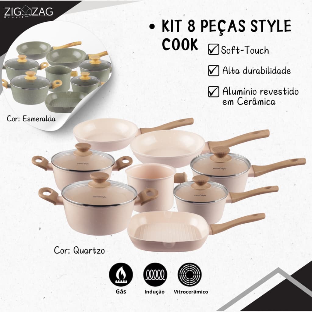 Kit 8 Peças Style Cook Antiaderente, Revestimento Cerâmico | Pra Fogões Indução, Vitrocerâmico e Gás, Quartzo, esmeralda