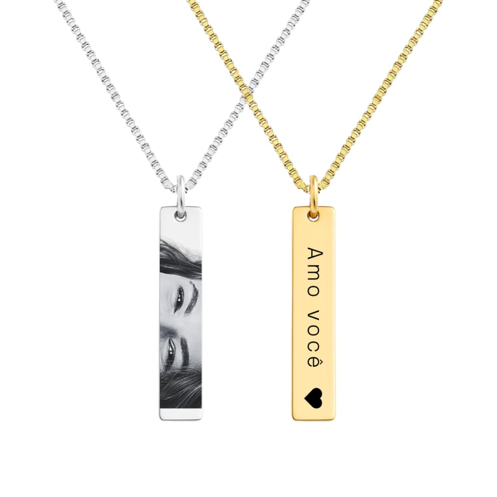 Colar Medalha Retangular Personalizado à Laser - Personalize Como Quiser - Prata ou Banhado a Ouro