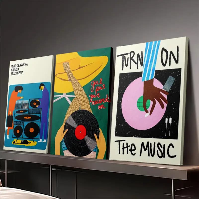 Kit 3 Quadros Retro de Discos de Música - Decoração Vintage para Sala, Quarto ou Escritório