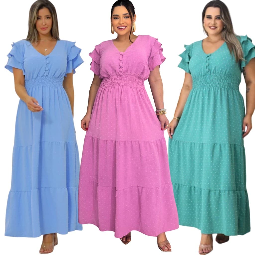 Vestido Feminino Longo Pipoca Tamanho  com Bojo e Elasticidade Plus Size