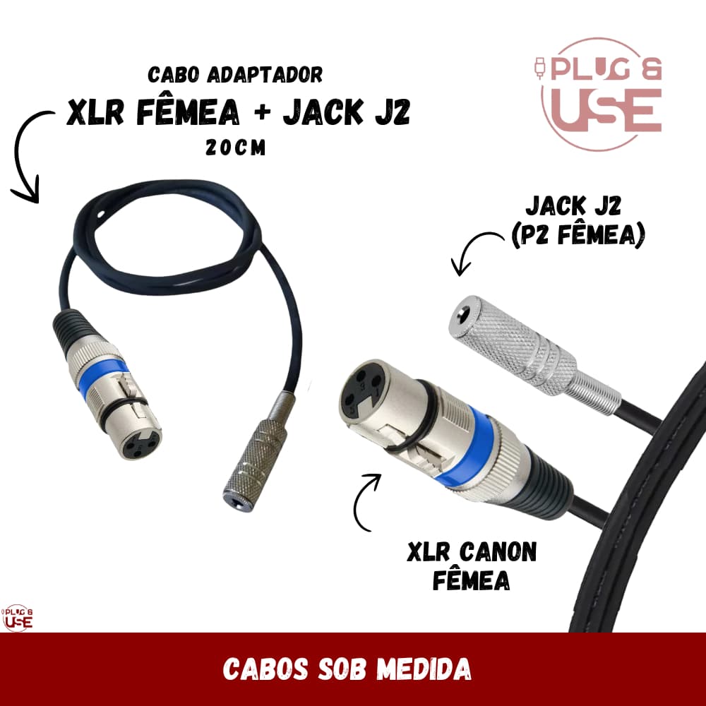 Cabo Adaptador Xlr Fêmea + Jack J2 (p2 Fêmea) 20cm