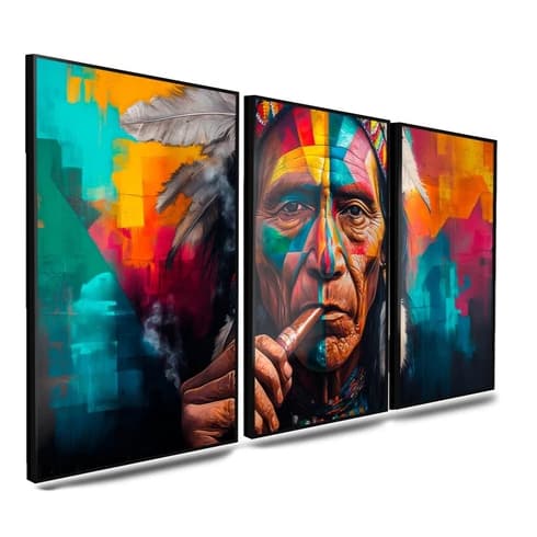 Quadro Decorativo 3 Peças Indigena Abstrato Indio Pajé Moderno Sala Quarto