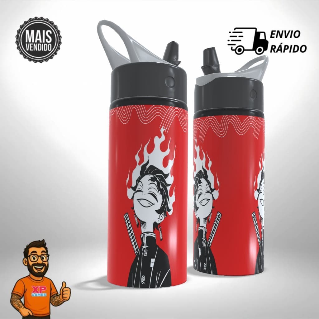 Garrafa Squeeze Personalizado Anime Demon Slayer Kimetsu Tanjiro  - Alumínio Escolar Infantil