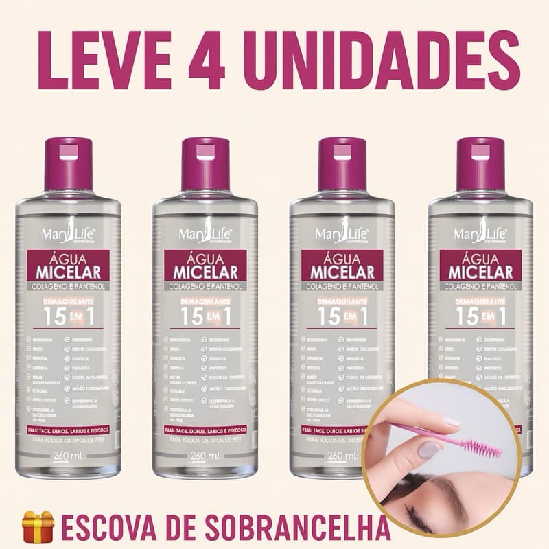 Kit 4 Unidades Água Micelar Colágeno e Pantenol Demaquilante 15 em 1 Remove Maquiagem e Hidrata
