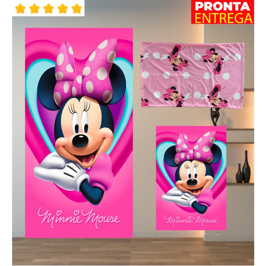 Toalha de Banho e Rosto/Mão Lancheira e Fronha Travesseiro Infantil Minie Minnie Praia Piscina Felpa Estampada Minnie
