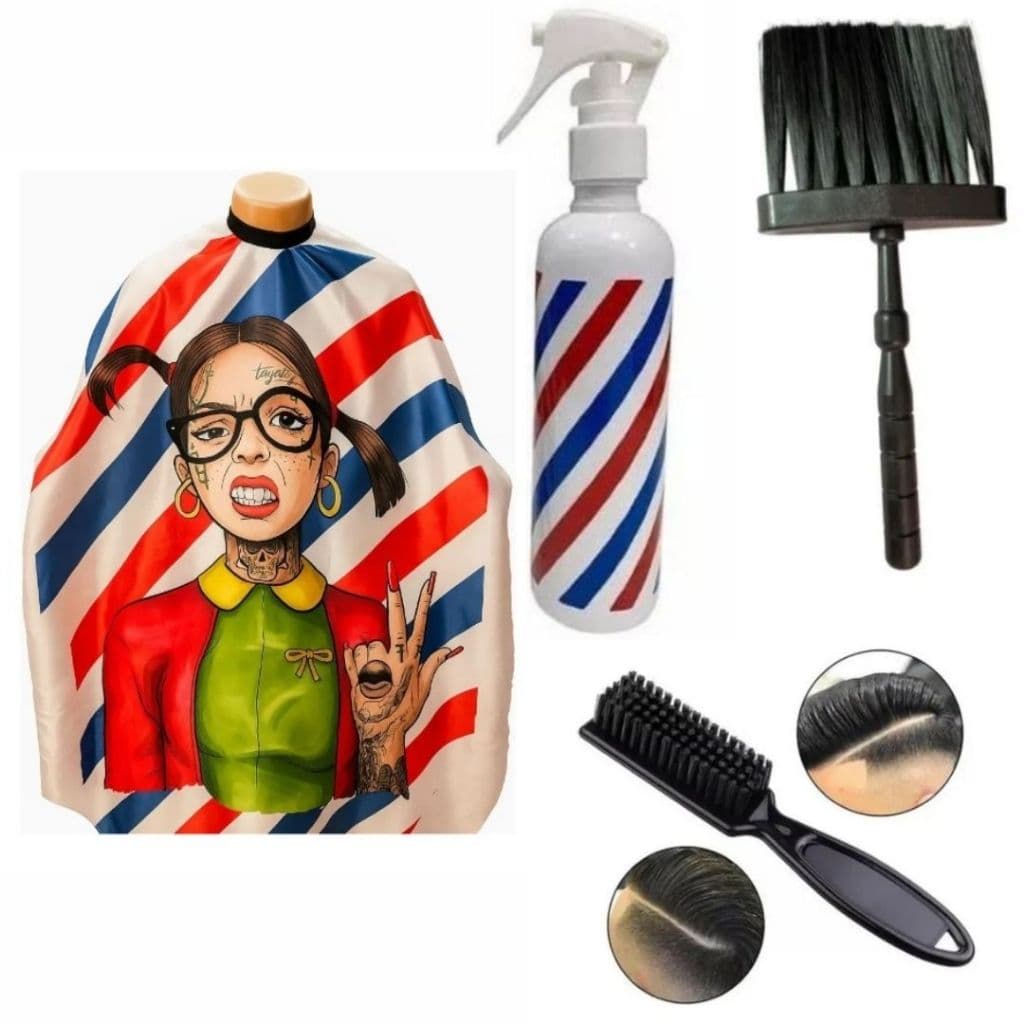 Kit Capa Para Corte Chiquinha Listrada Espanador Borrifador Escovinha