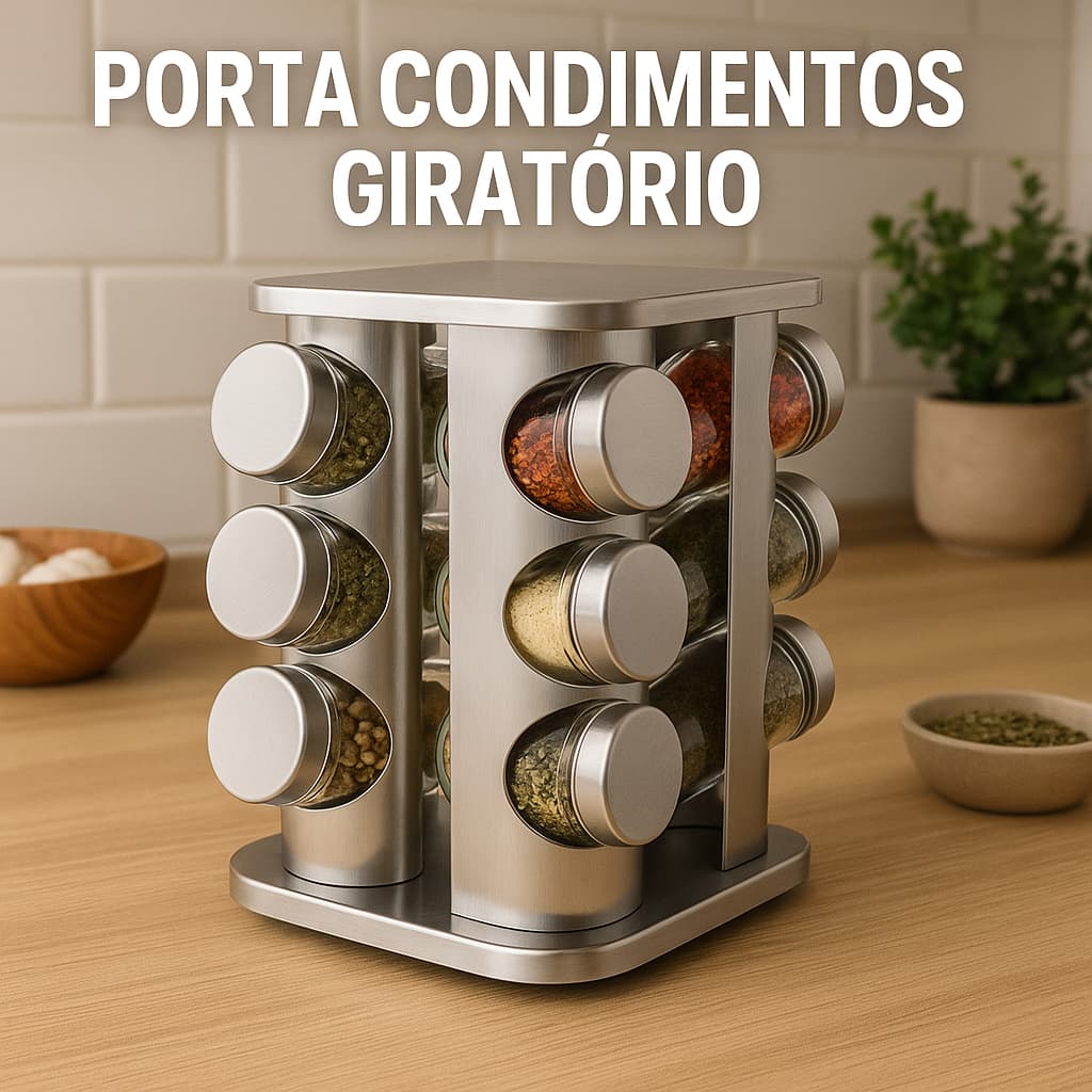Porta Temperos Condimentos Giratório 12 Potes Inox Suporte Especiarias Tempero Sal Pimenta Cozinha