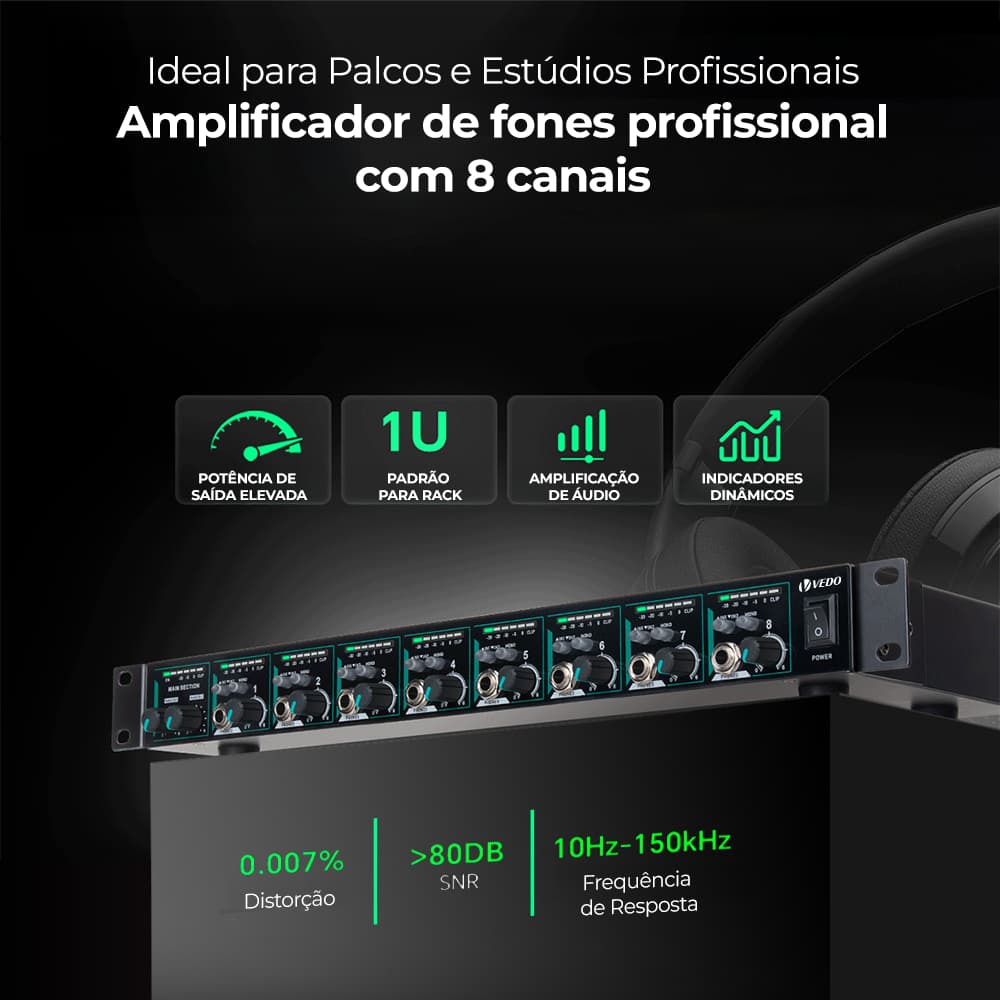 VEDO Amplificador De Fones De Ouvido 8 Canais VD8000-V Tipo Power Play Com 8 Amplificadores Estéreo Independentes