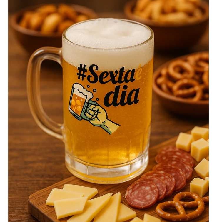 Caneca de Chopp #SextaÉDia 400ml – Vidro Grosso, Estilo Bar, Ideal para Cerveja Gelada