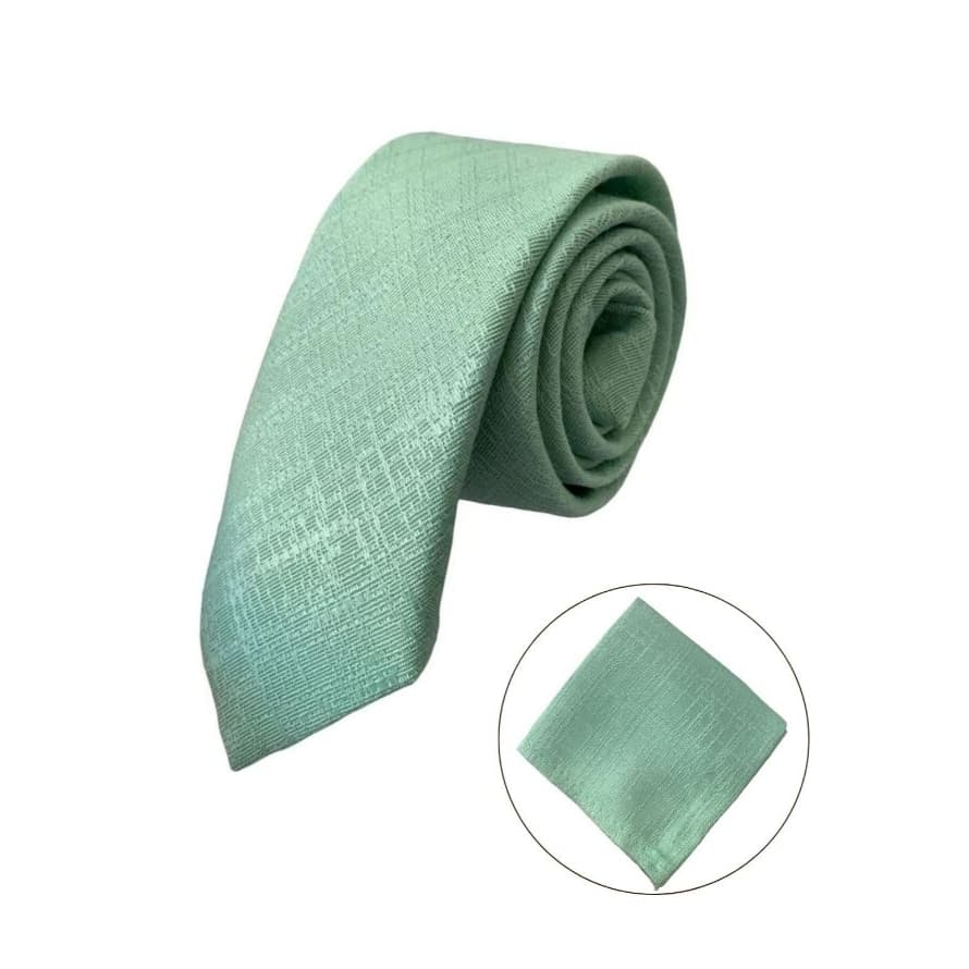 Kit Gravata Verde Pistache Menta Trabalhada Luxo Semislim e Lenço de Bolso