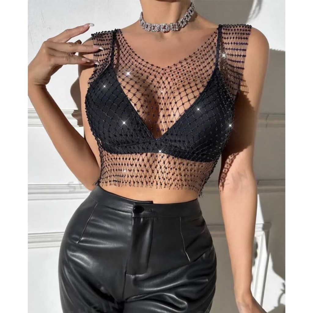 Blusa Com Strass Pedraria Cropped Arrastão preto/branco 45cm(nao tem top)