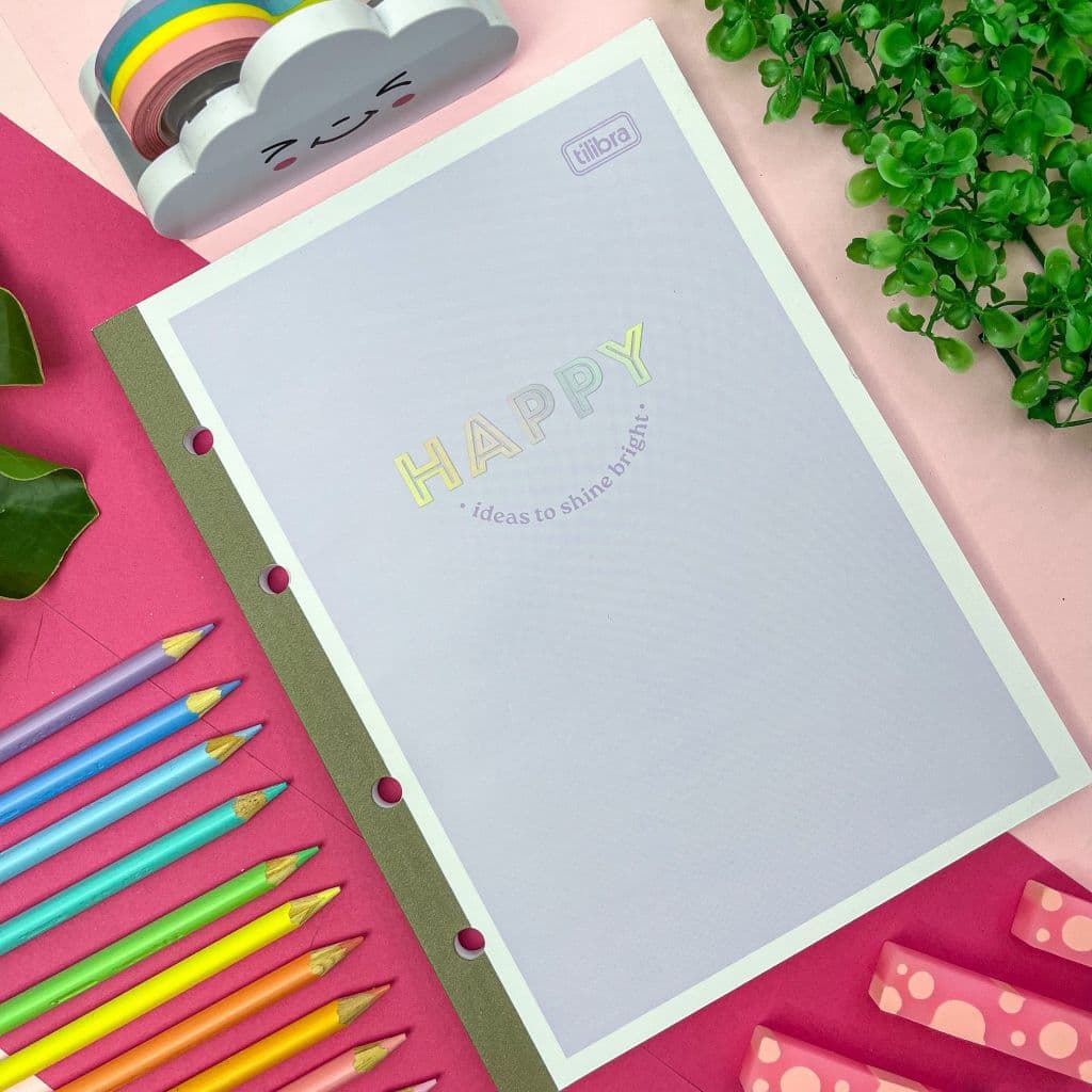 Refil para Fichário Tamanho Colegial e Caderno Argolado Happy 80 Folhas 17,7 cm x 24 cm - Tilibra