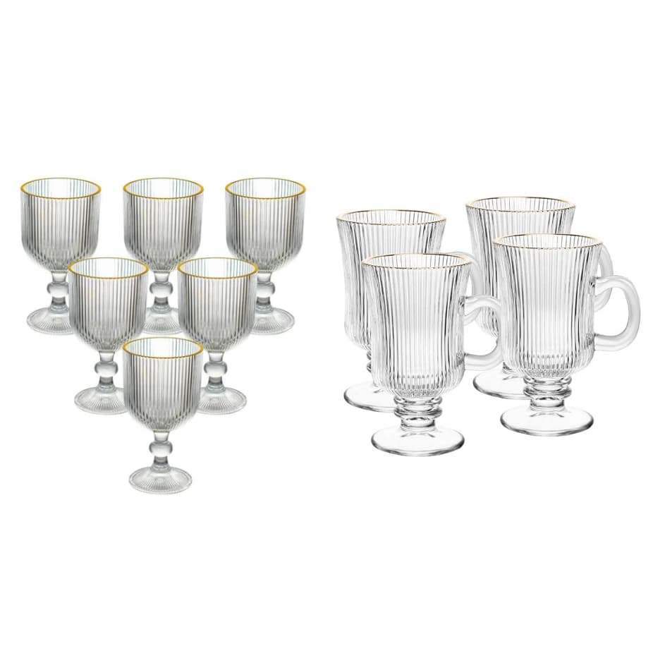 Kit 6 Taças LEHAVÍ Graffiato 340ml + 4 Canecas Wolff Irish Coffee 240ml Fio de Ouro