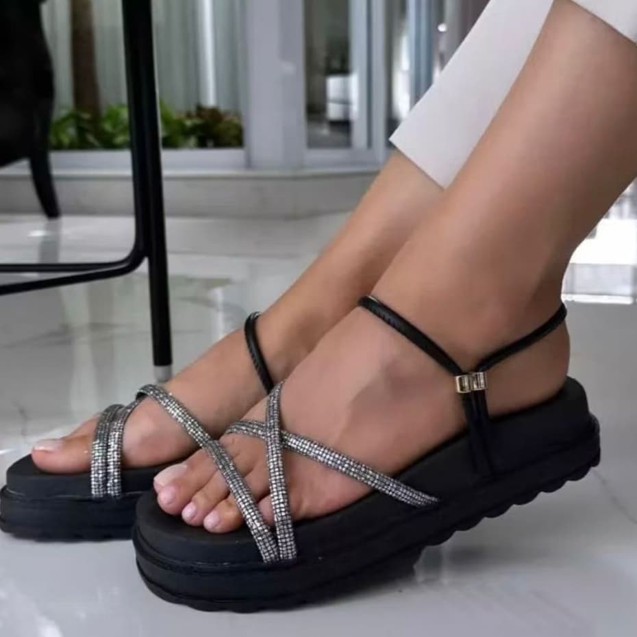 Sandália Feminina Papete Glitter Plataforma Flatform Confortável