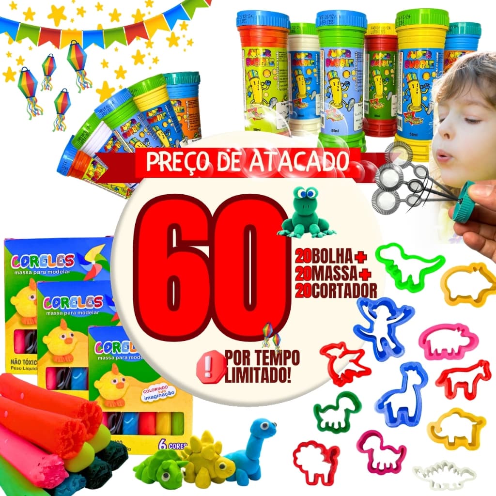 Kit Festa 20 Bolha de Sabão 20 Massa Modelar 20 Cortador Lembrancinha Brinquedo Prenda Criança