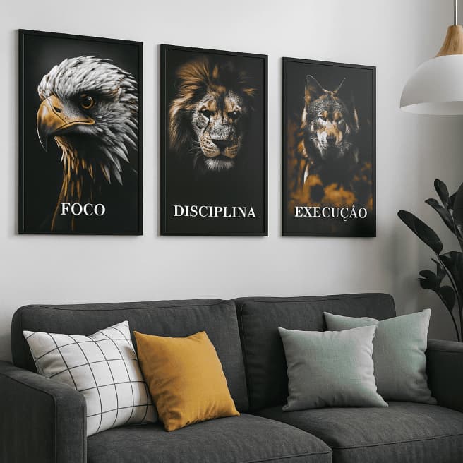 Kit 3 Quadros Decorativo Foco Disciplina Execução Águia Leão Lobo Motivacional Escritório Quarto MDF