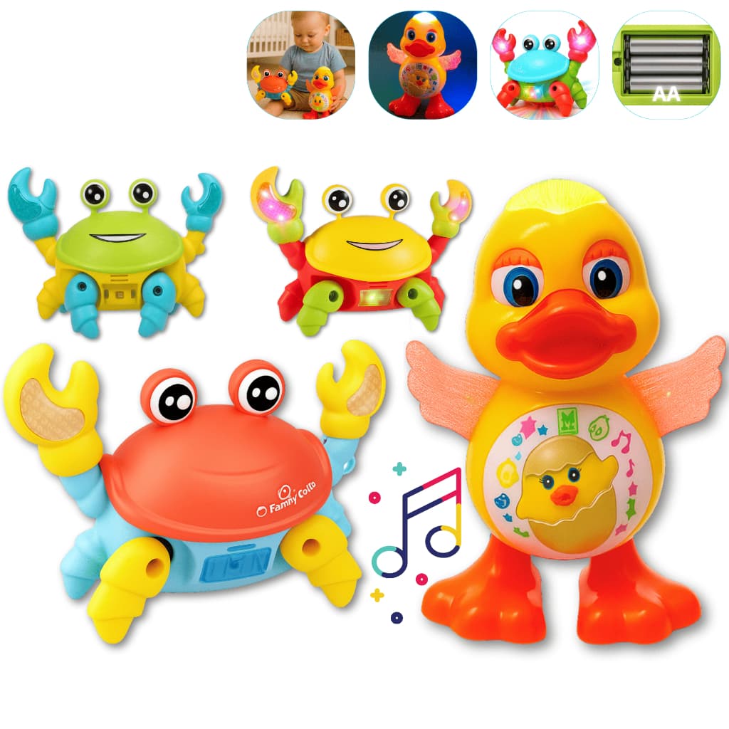 Kit brinquedo pato e caranguejo dançante luz anda mexe musica infantil