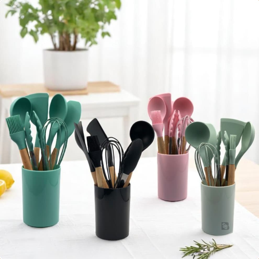 Kit Utensílios De Silicone Para Cozinha Espátula Colher Escumadeira Concha Não Risca Antiaderente