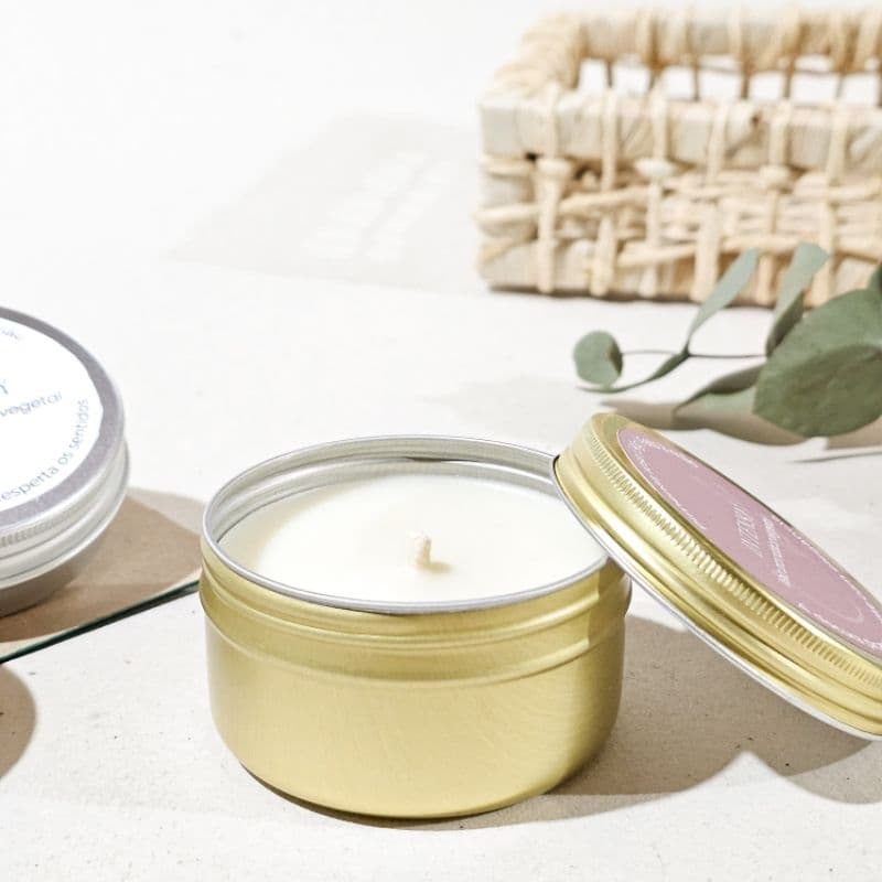 Kit 2 Velas Aromáticas Artesanais 90g Cera Vegetal Lata Dourada