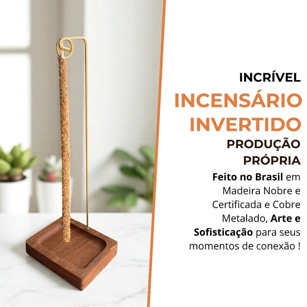 Incensário Invertido em Madeira Maciça e Cobre Porta Incenso de Vareta