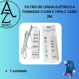 FILTRO DE LINHA ELÉTRICO 4 TOMADAS C/USB E TIPO-C CABO 2M