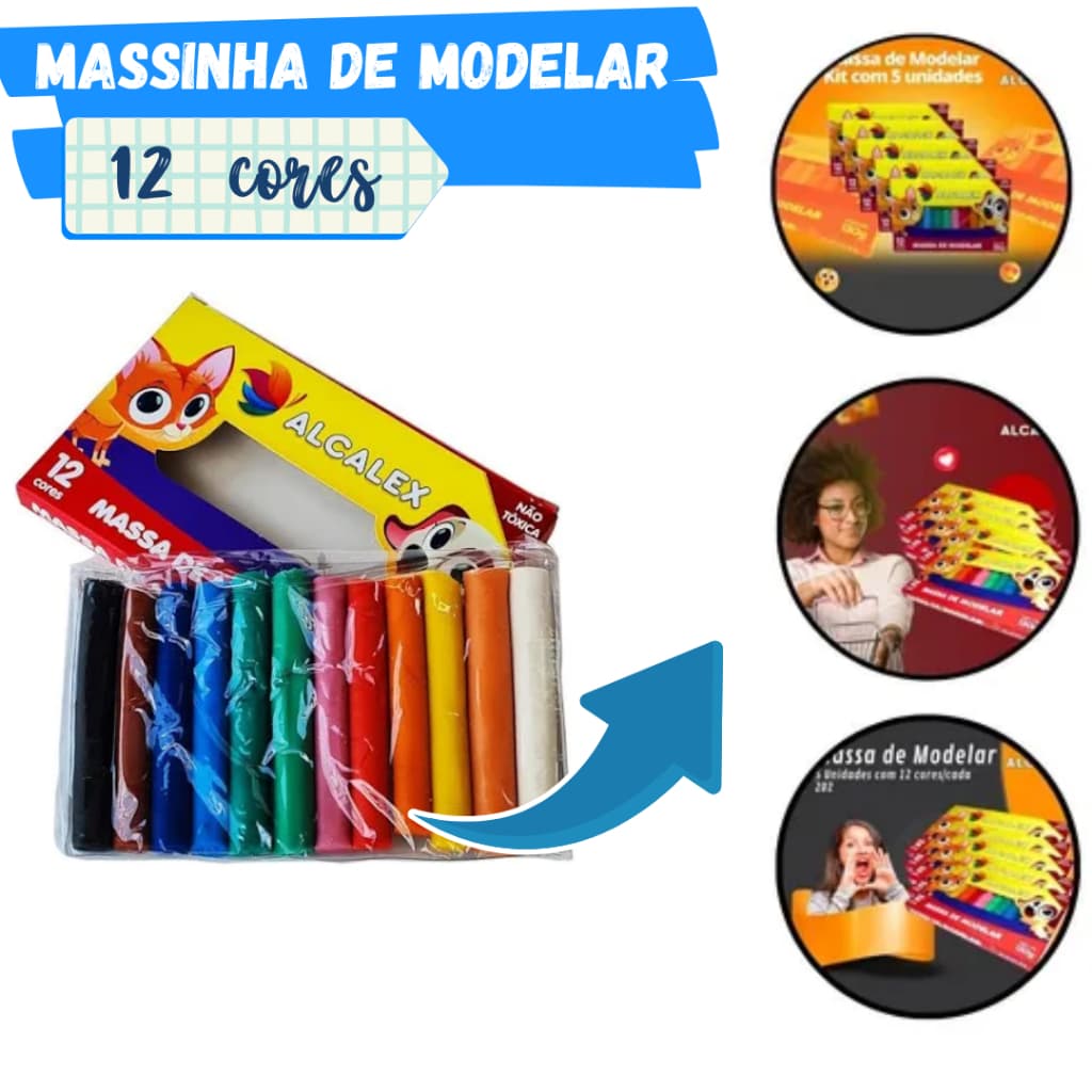 Massa de Modelar Alcalex 12 Cores Não Tóxica 130g para Crianças – Criatividade e Diversão