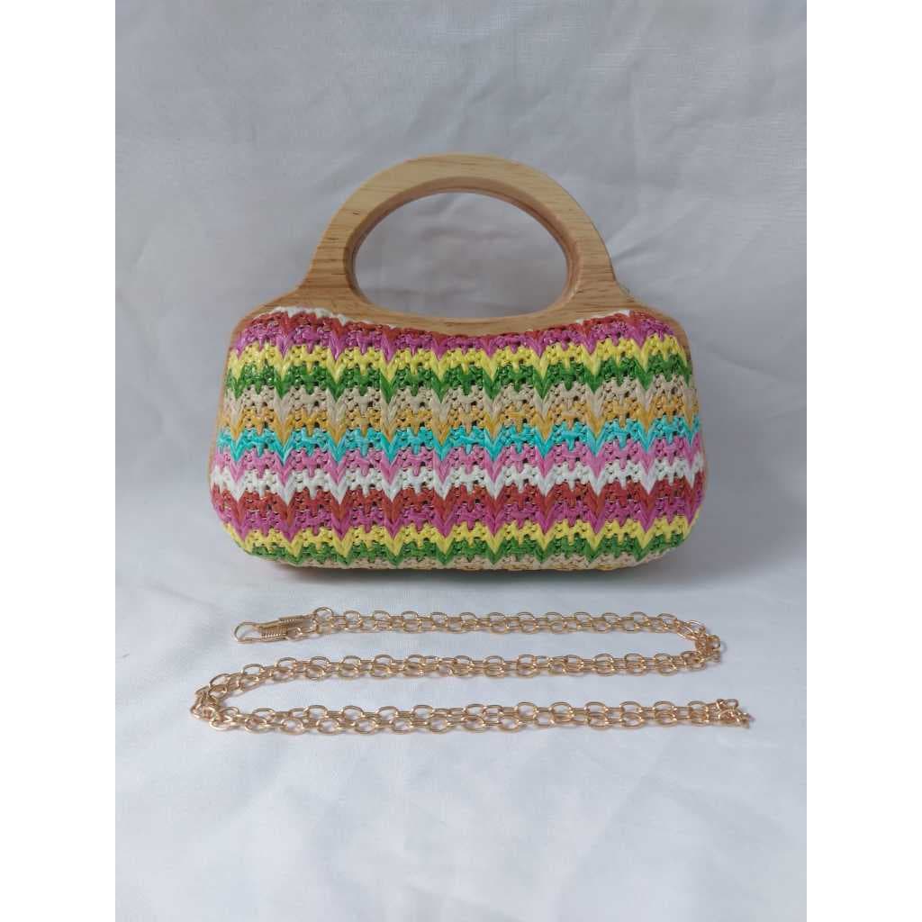 Bolsa Clutch de Mão de Madeira e Palha Sintética Trançada