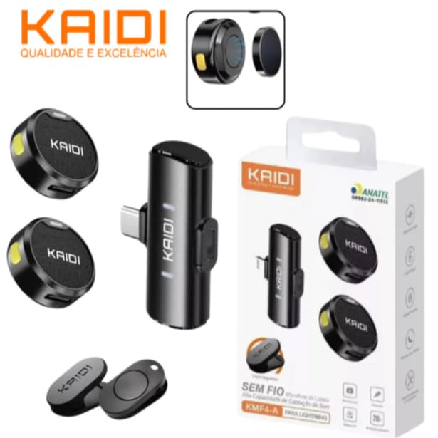 Microfone de Lapela Duplo Profissional Tipo C Iphone sem Fio Magnetico Kaidi KMF4-C/A