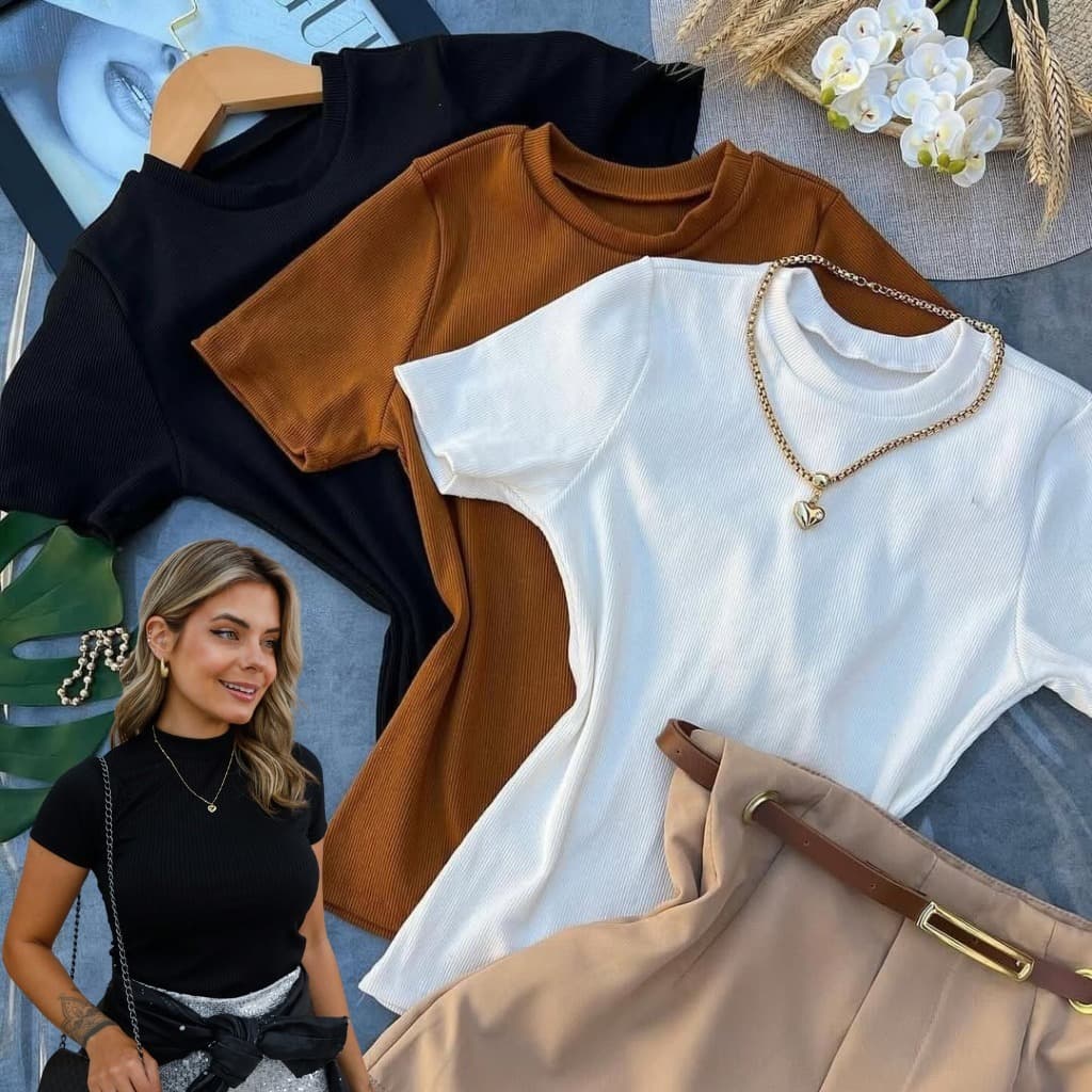 Kit 3 Camiseta Feminina Básica Ribana Canelada Premium Blusa Feminina Casual blusa basica