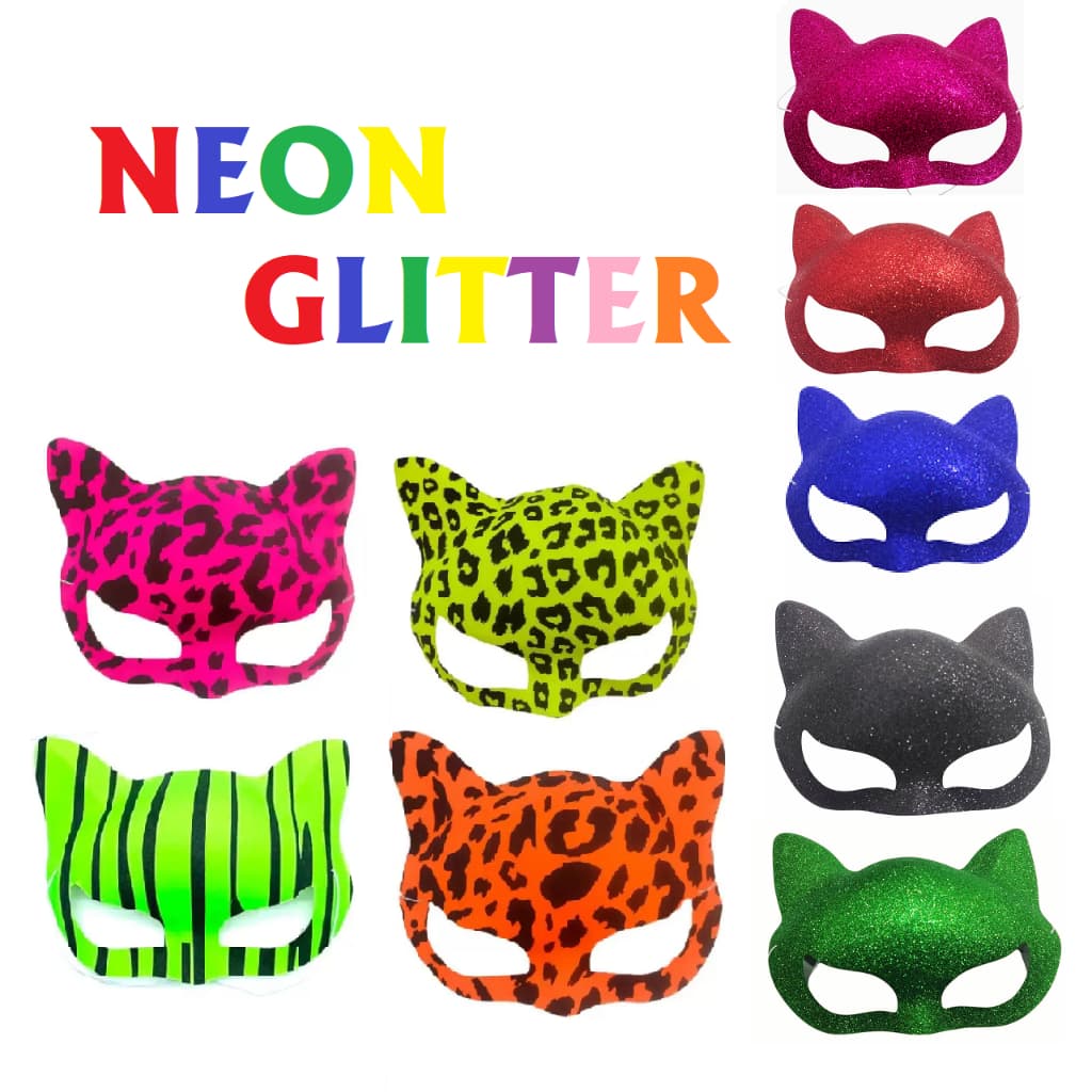 Kit 3 Máscaras Pantera NEON GLITTER Mulher Gato C/ Elástico Fantasia Carnaval Festa Plástico 16Cm