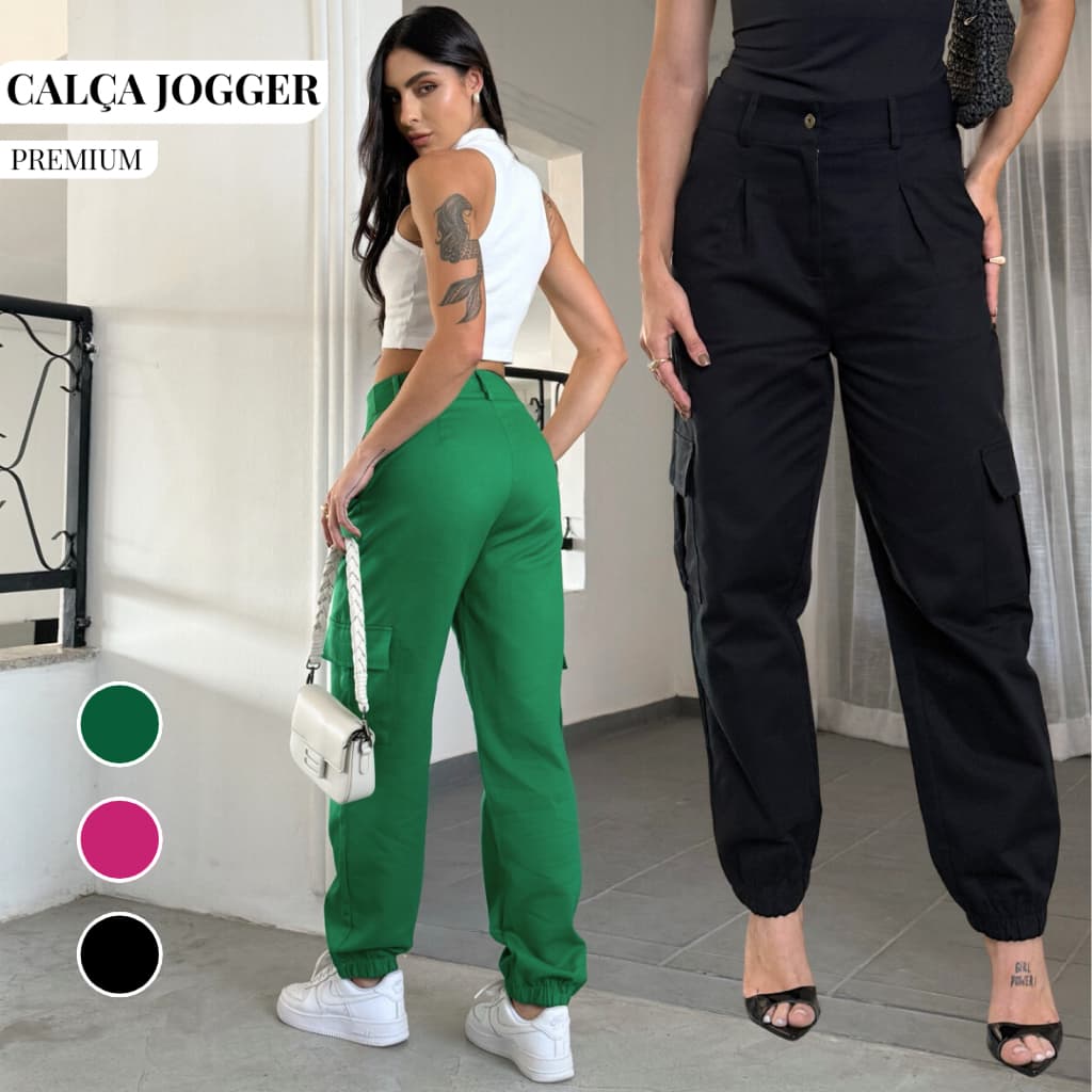 Calça Cargo Feminina Cintura Alta Bolsos Tecido Grosso Alta Qualidade