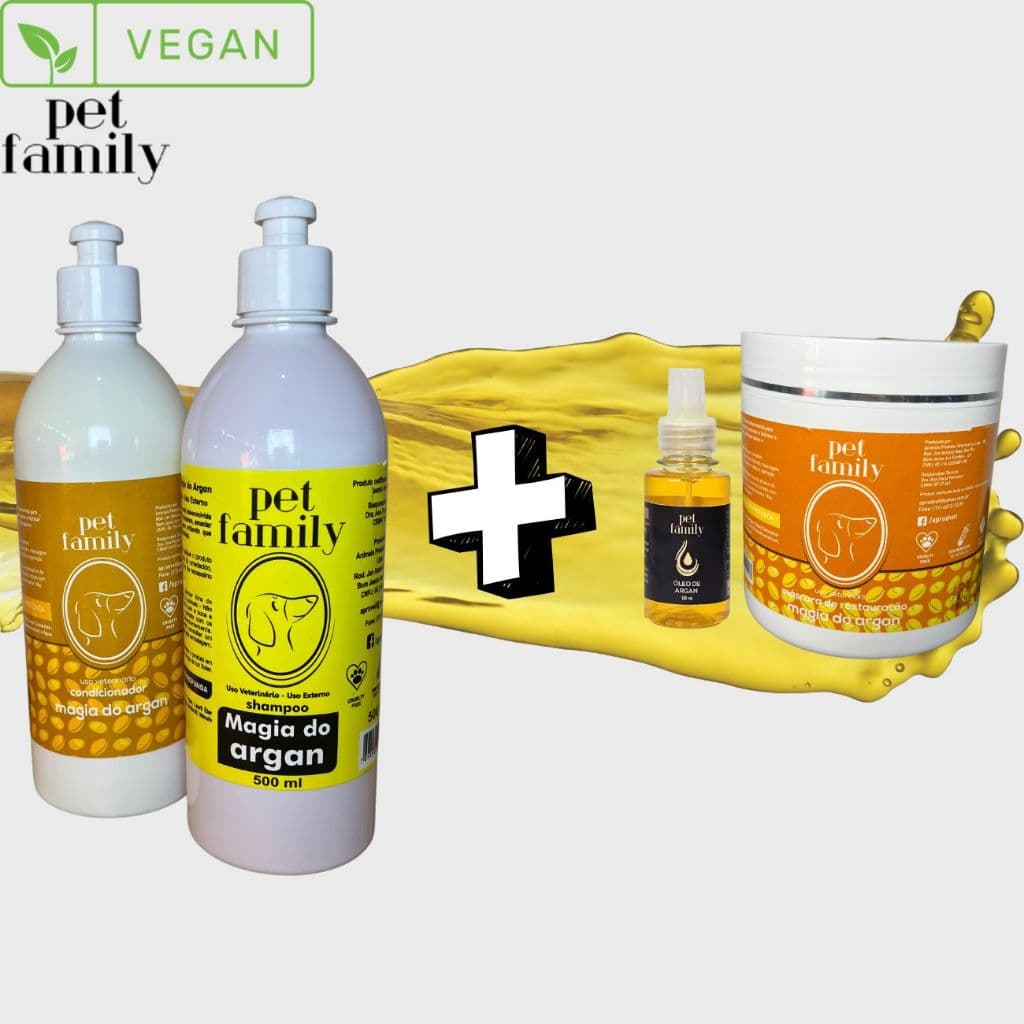 Shampoo + Condicionador + Máscara e Óleo Kit Completo Linha Magia do Argan Resturação Pet Family