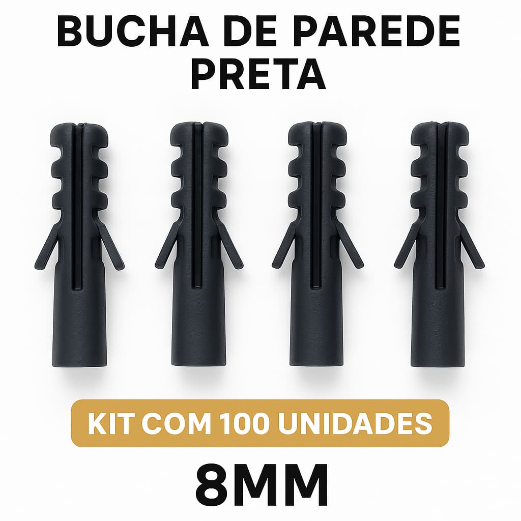 Kit 100 Buchas de Parede 8mm Preta – Fixação Concreto Alvenaria