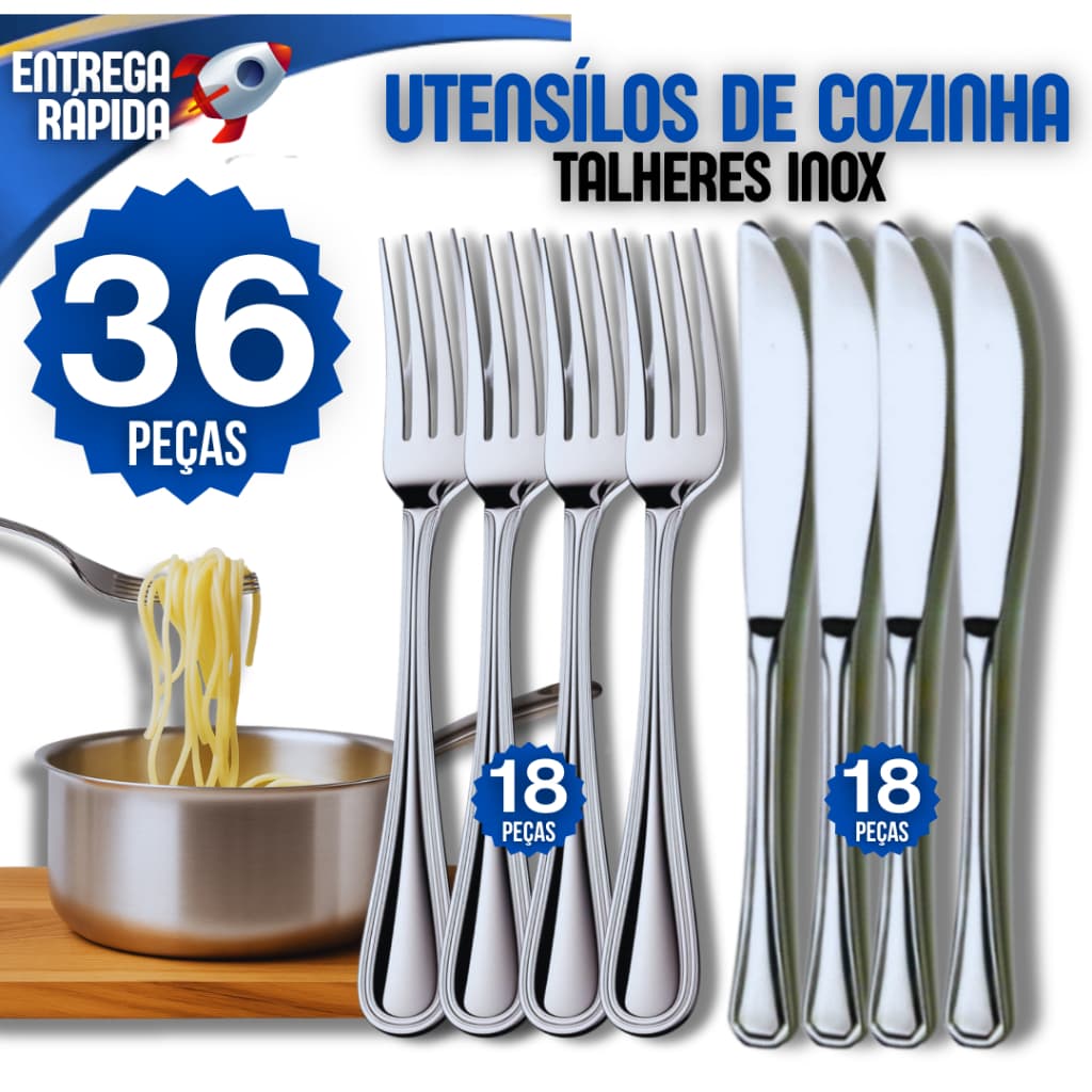 Kit 36 Garfo e Faca Talheres 100% Aço Inox Premium Cozinha Buffet Restaurante Lanchonete Casa